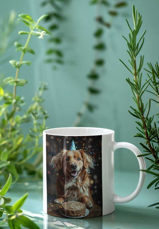 Fototasse selbst gestalten und bedrucken - lustiges Foto von einem Hund auf Tasse