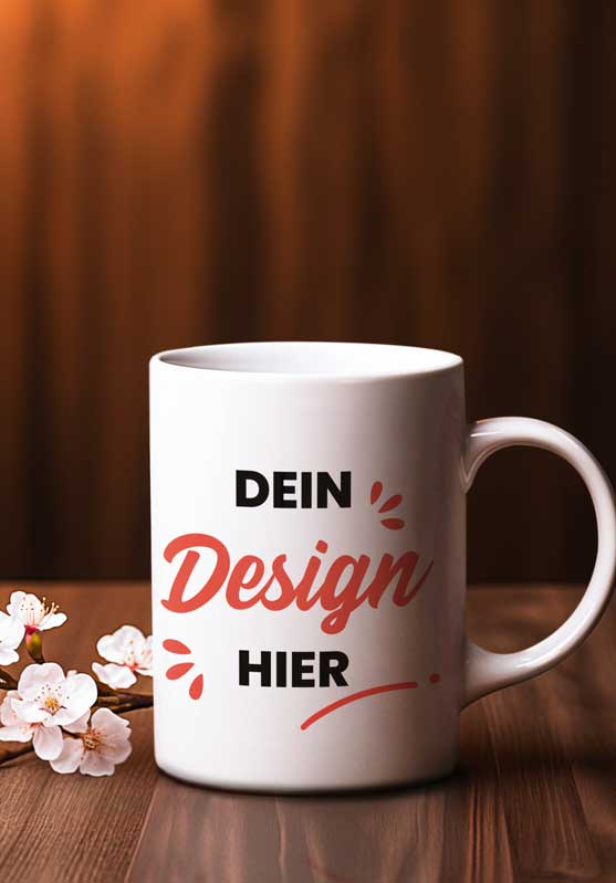 Weisse Tasse bedrucken "Dein Designs Hier" mit Motiv, Text oder Foto